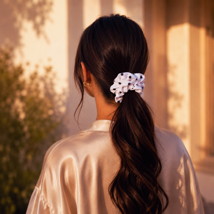 Scrunchie saténová gumička do vlasů - Dots - Velikost gumičky: 👩🏼‍🦱 Lady - vel. ⌀8cm