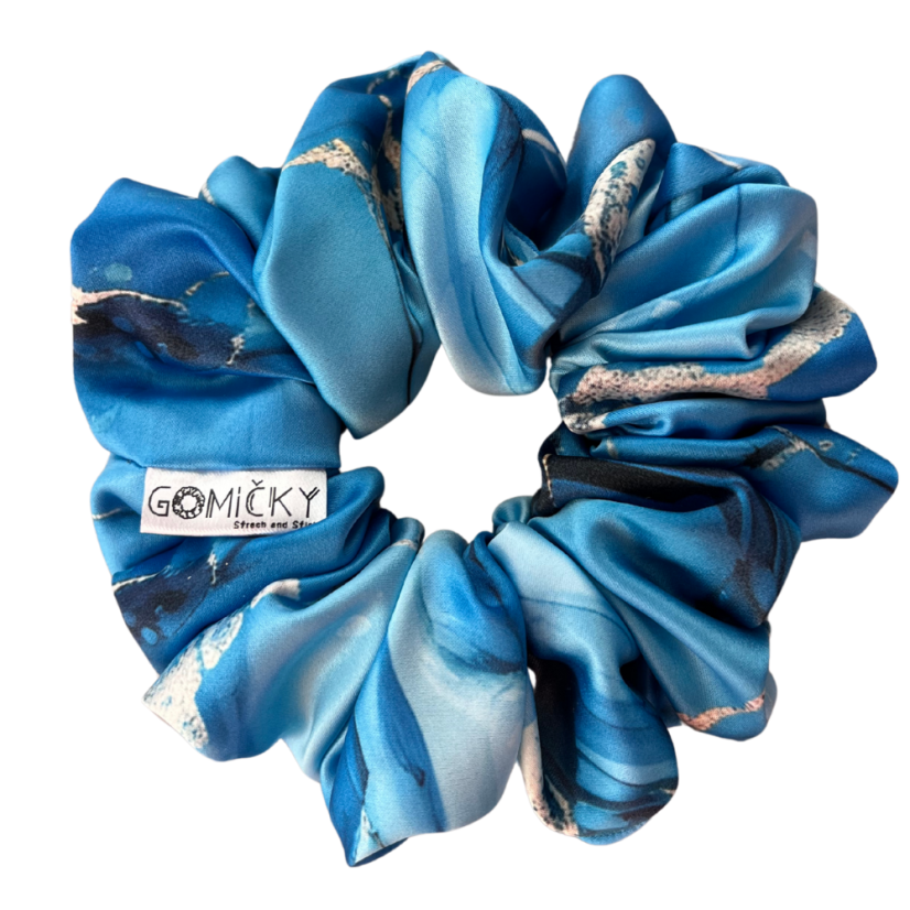 Scrunchie saténová gumička do vlasů - Blue Marble - Velikost gumičky: 👸🏼Princess - vel. ⌀12cm