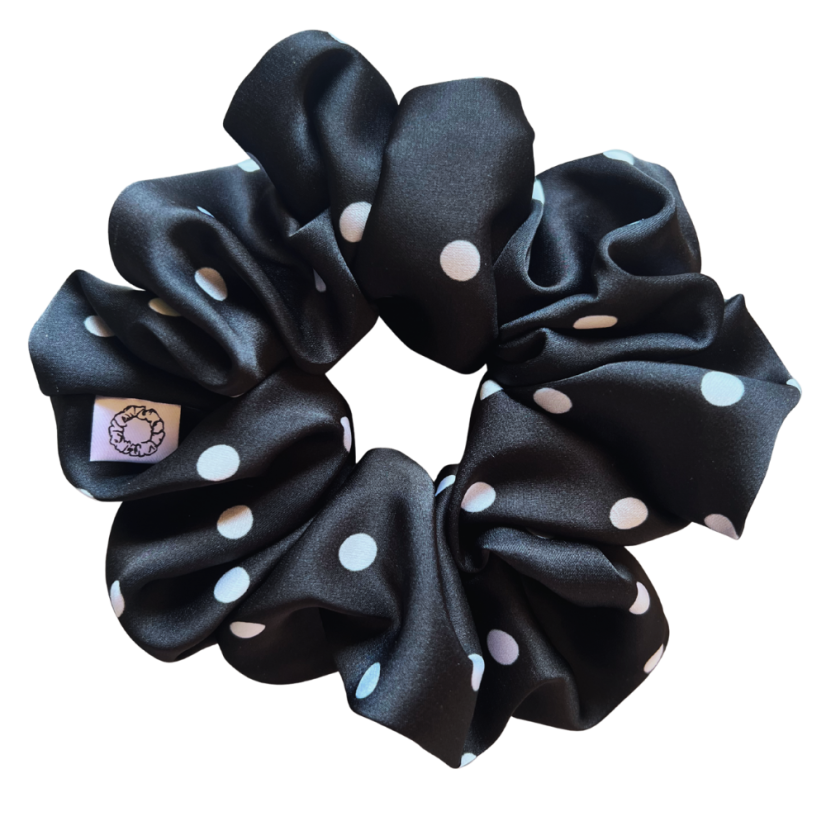 Černá saténová gumička do vlasů - Dots - Velikost gumičky: Lady - ⌀8cm