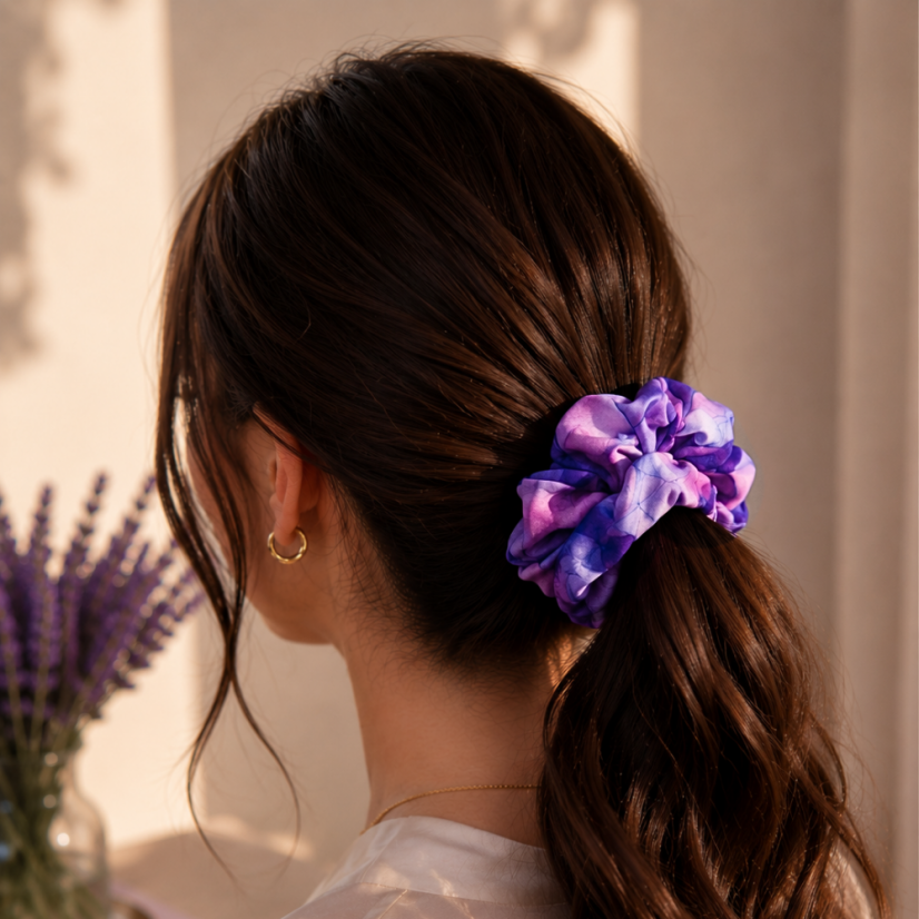 Látková Scrunchie gumička do vlasů - Hortenzie - Velikost gumičky: 👩🏼‍🦱 Lady - vel. ⌀8cm
