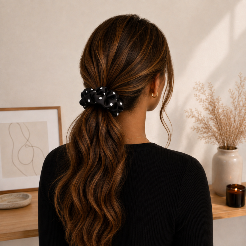 Černá saténová gumička do vlasů - Dots - Velikost gumičky: Lady - ⌀8cm