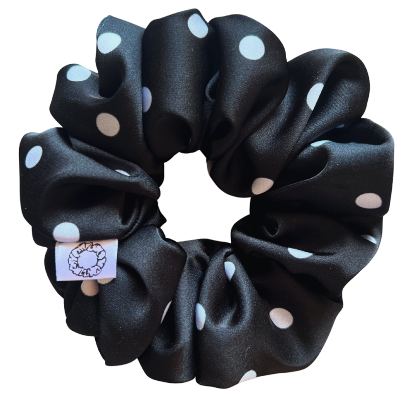Černá saténová gumička do vlasů - Dots - Velikost gumičky: Lady - ⌀8cm