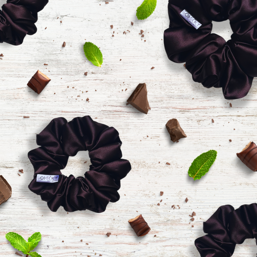 Scrunchie saténová gumička do vlasů - Chocolate - Velikost gumičky: 👩🏼‍🦱 Lady - vel. ⌀8cm